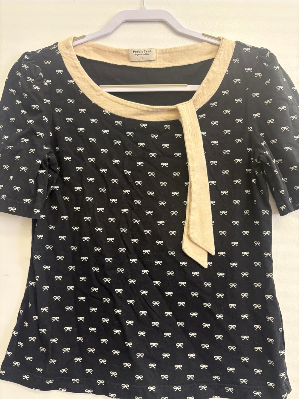 People Tree Black Short Sleeve Top with Cream Trim and White Bow Print